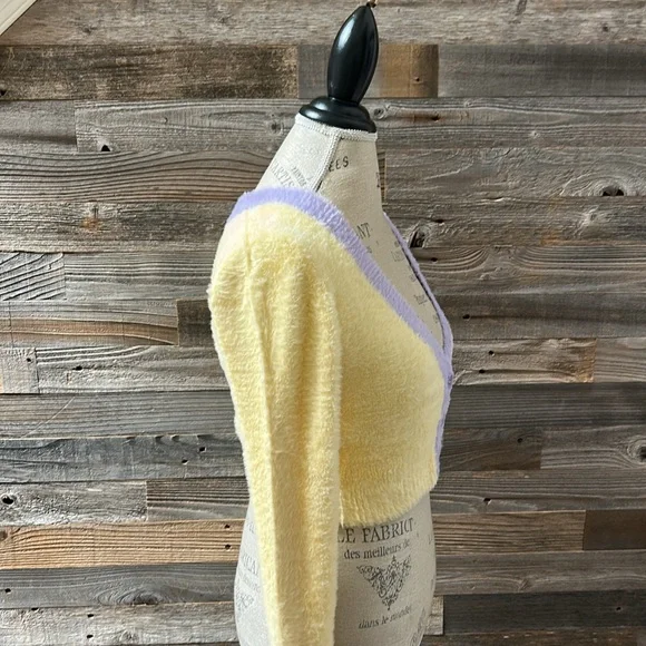 NWT For Love & Lemons Sheila Yellow & Purple Fuzzy Cropped Cardigan Size Small - Picture 5 of 10